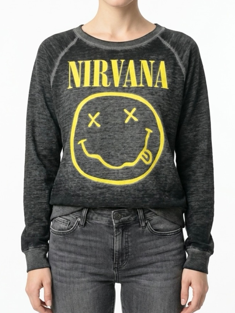 NIRVANA • Smiley Face Burnout Raglan Sweatshirt Grunge Band Top Size Medium